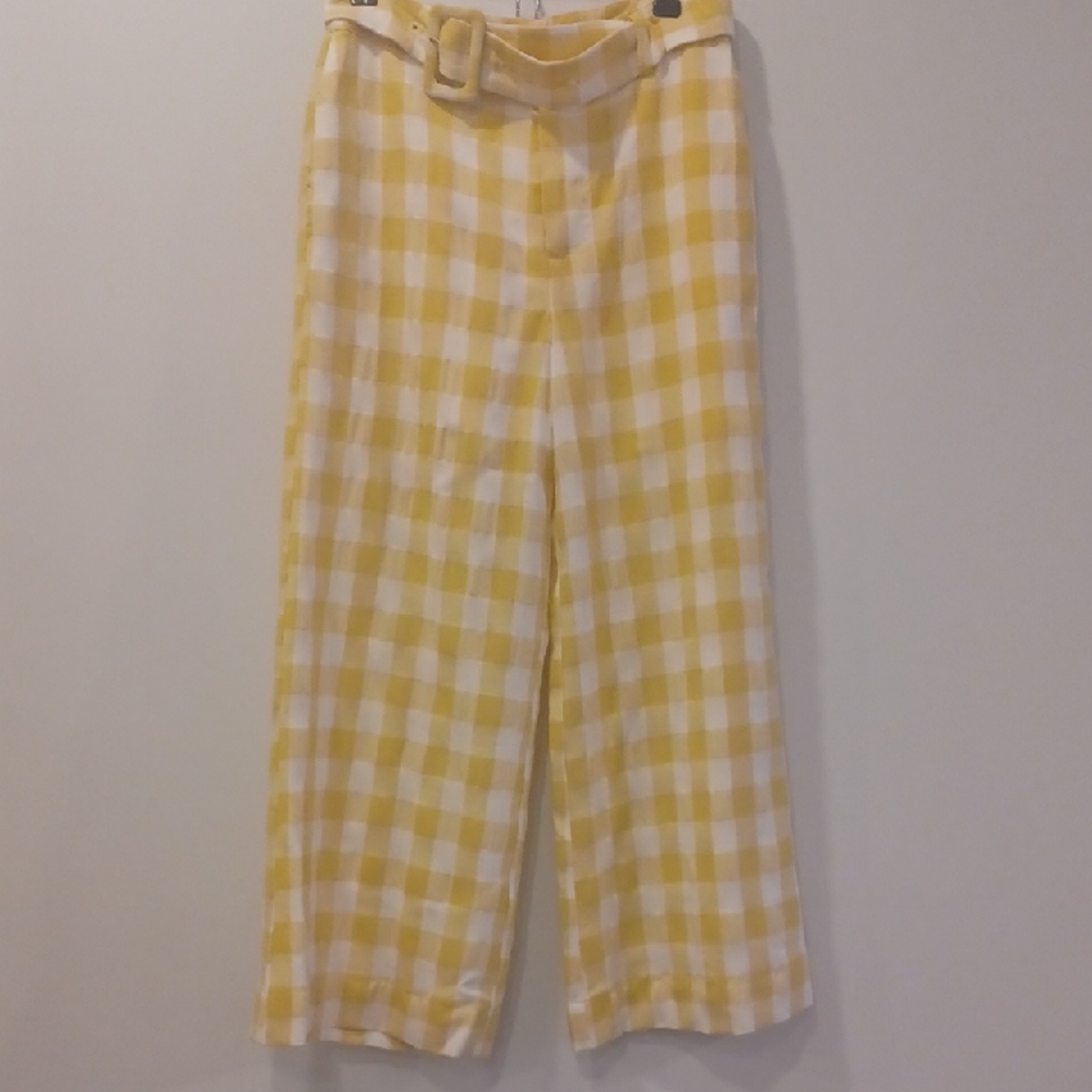 moodie Yellow and White Gingham Wide-Leg Pants with Belt